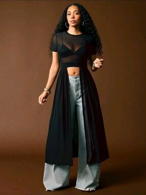 Black Sheer Maxi Duster Top with Short Sleeves